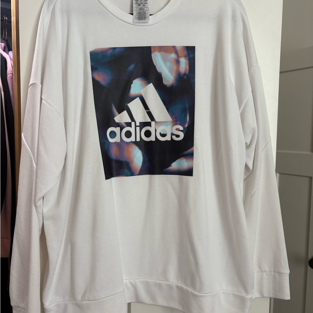 Adidas White Crewneck Sweater with Multicolor Graphic XL